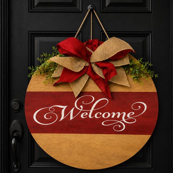 Round Welcome Door Hanger | Rustic Farmhouse Wood Sign with Burlap Bow