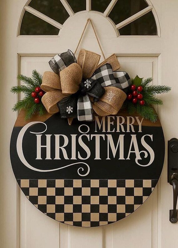 Rustic Merry Christmas Door Hanger: Buffalo Plaid & Burlap Bow