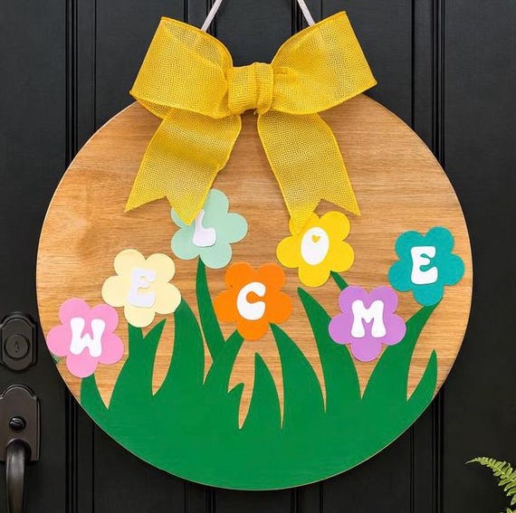 14" Round Wooden Welcome Door Hanger | Spring Flower Farmhouse Porch Decor