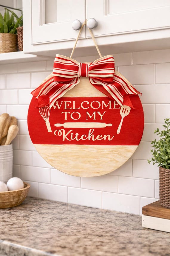 Handmade "Welcome to My Kitchen" Wood Sign | Red Cream Farmhouse Decor