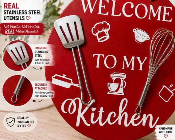 Farmhouse Kitchen Sign, Real Stainless Steel Utensils, Round Wood Decor (14, 16, 18 Inch)