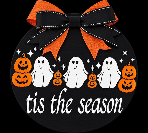 Handmade Halloween Door Hanger, Ghost Pumpkin Sign, 'Tis the Season Decor
