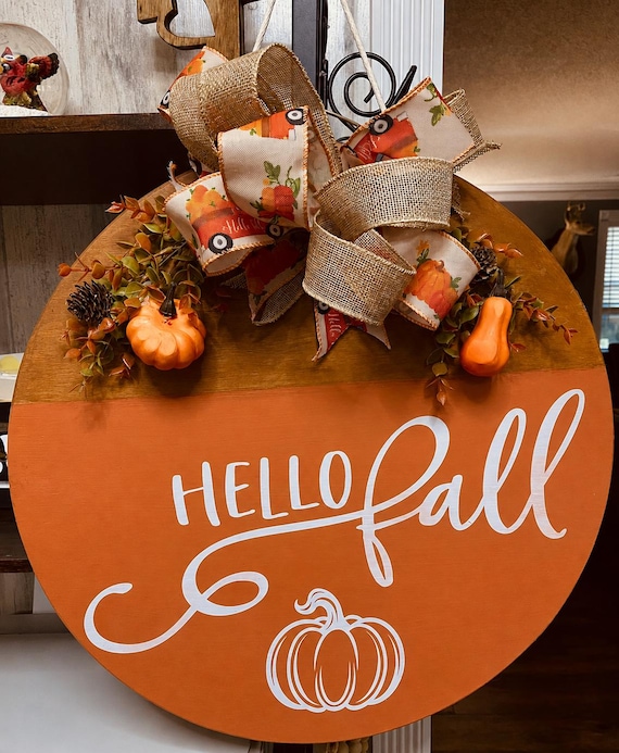 Hello Fall Door Hanger, Pumpkin Autumn Welcome Sign, Farmhouse Wreath Decor