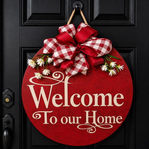Welcome To Our Home Door Hanger | Red Farmhouse Wood Sign, Year Round Decor