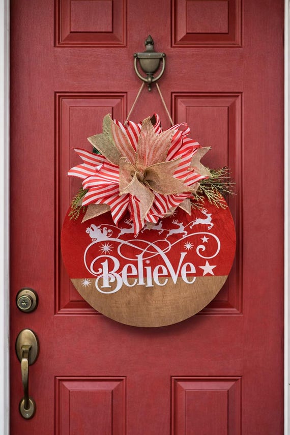 Believe in Santa Magic Door Hanger: Red Woodgrain Design