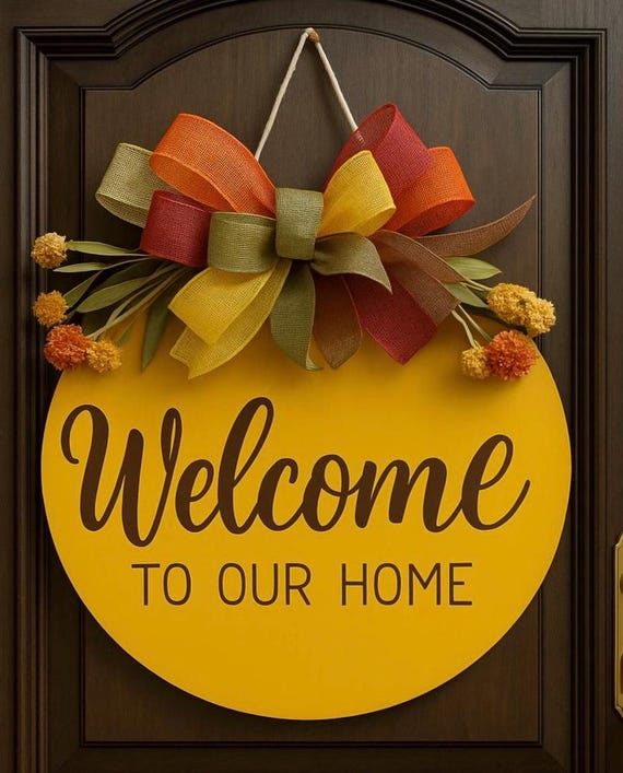 Welcome To Our Home Door Hanger | Yellow Wood Sign, Fall Floral Bow