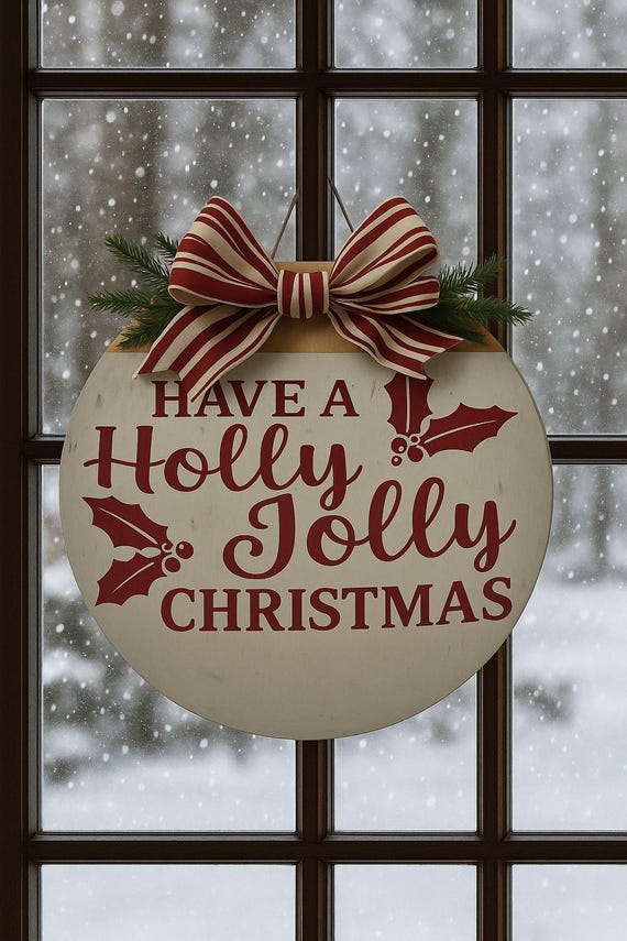 Christmas Door Hanger – “Holly Jolly” Rustic Wood Wreath – Holiday Front Door Decor