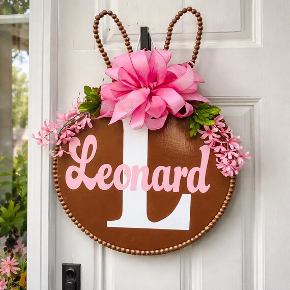Personalized Bunny Door Hanger – Custom Easter Sign, Beaded Ears, Spring Decor