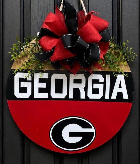 Georgia Bulldog Inspired Round Door Hanger – Red Black Game Day Welcome Sign