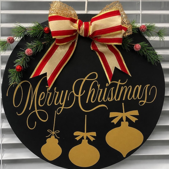 Black & Gold Merry Christmas Door Hanger | Holiday Farmhouse Decor