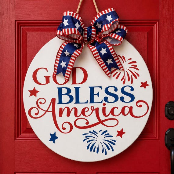 Patriotic God Bless America Door Hanger | Rustic Stained Wood Americana Wreath