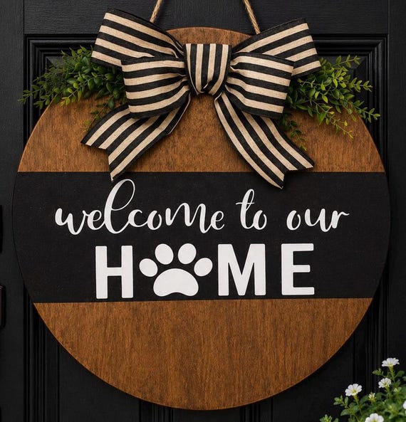 Welcome Door Hanger | Paw Print Farmhouse Decor, Year Round Display