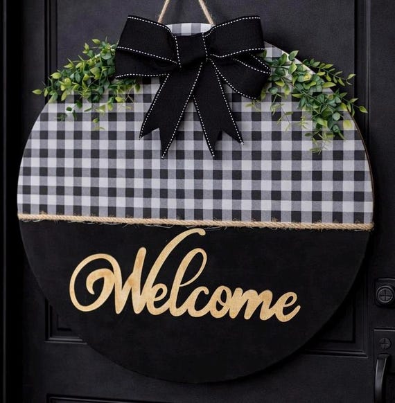 Black Buffalo Check Welcome Door Hanger | Farmhouse Year-Round Sign