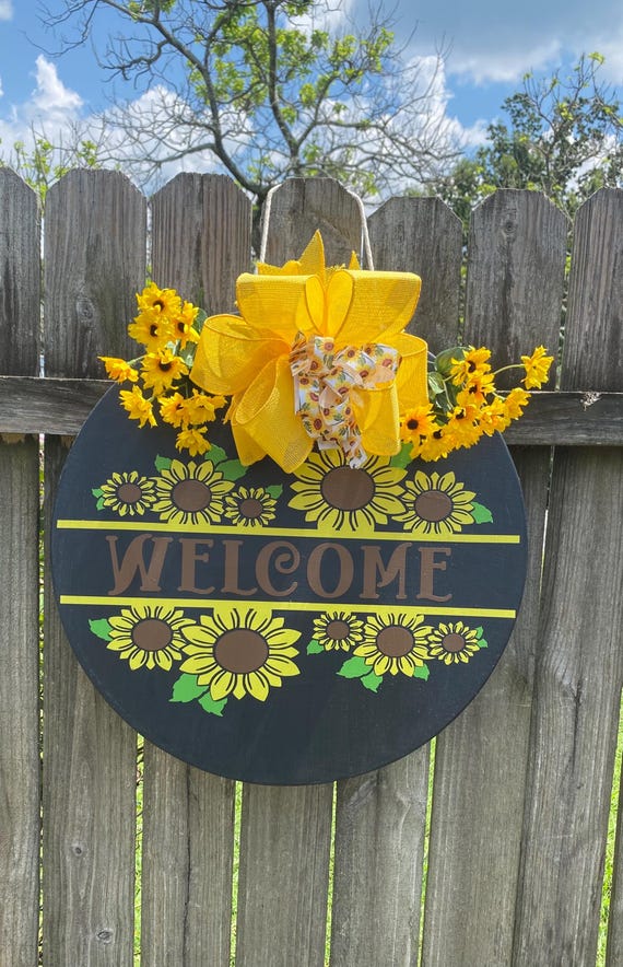 Handmade Sunflower Welcome Door Hanger | Year Round Wood Sign Decor