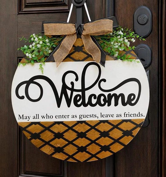 Farmhouse Welcome Door Hanger | Rustic Wood Sign with Burlap Bow, Greenery