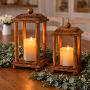 May include: Two wooden lanterns with a dark brown finish, each featuring a square base, four vertical pillars, and a tiered roof topped with a spherical finial. Inside each lantern sits a white pillar candle emitting a warm, glowing light.