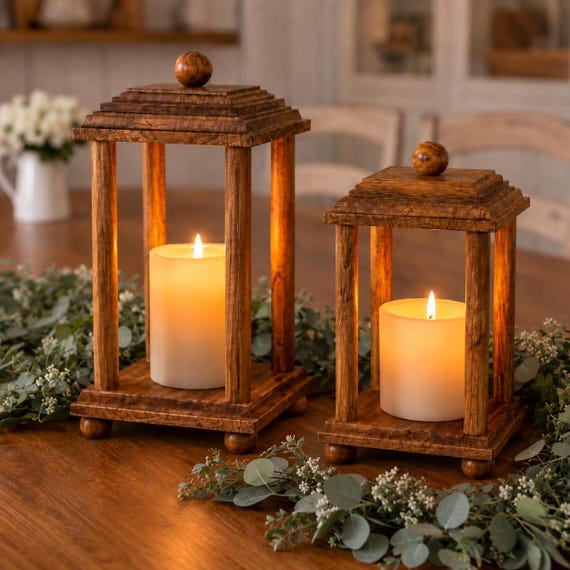 Handmade Wooden Lantern Set, Rustic Farmhouse Candle Holders, Natural Grain Wood Décor