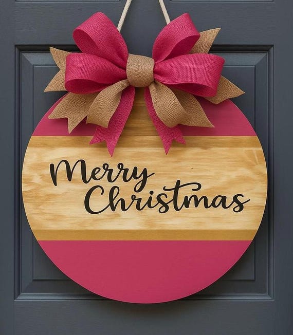 Merry Christmas Door Hanger – Pink Wood Holiday Sign with Burlap Bow