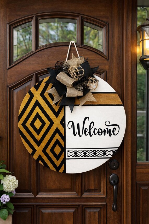 Modern Farmhouse Welcome Door Hanger | Geometric Wood Sign, Year-Round Decor