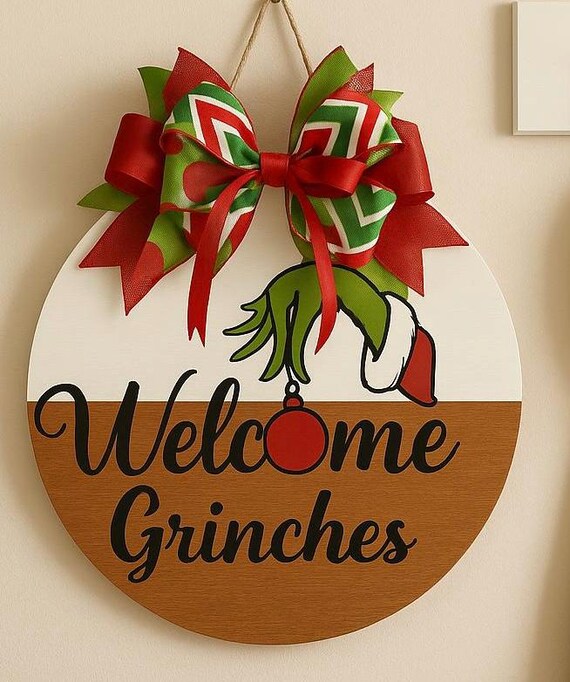 Christmas Door Hanger – “Welcome Grinches” Handmade Holiday Decor
