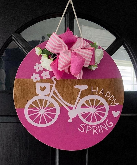 Happy Spring Door Hanger | Bicycle Floral Wood Round Decor