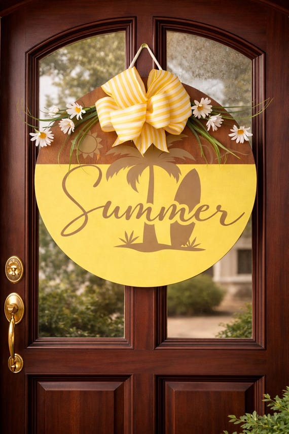Summer Door Hanger | Palm Tree, Surfboard, Tropical Beach Vibes, Yellow Bow, Daisy Accents