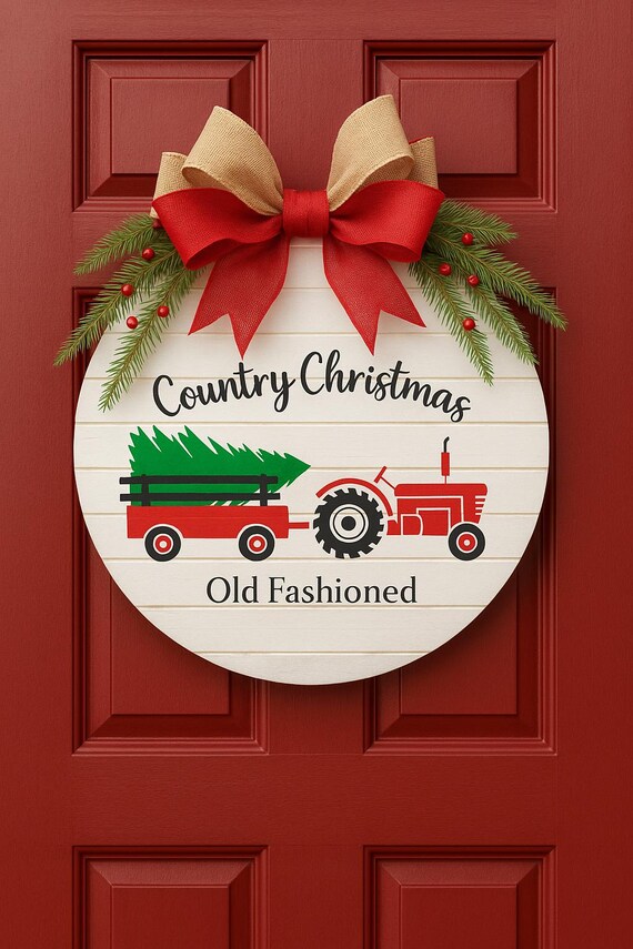 Christmas Door Hanger – Country Tractor Farmhouse Decor with Burlap Bow