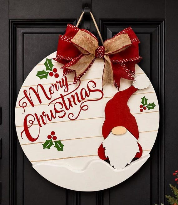 Merry Christmas Gnome Door Hanger | Layered Vinyl Round Holiday Sign