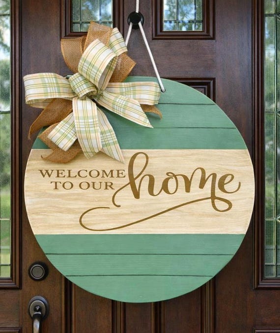 Round Wooden Welcome Door Hanger | Sage Green, Burlap Bow, Farmhouse Style