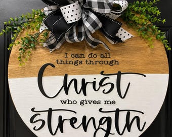 Christian Door Hanger Philippians 4:13 Sign | Farmhouse Faith Round Wood Home Decor