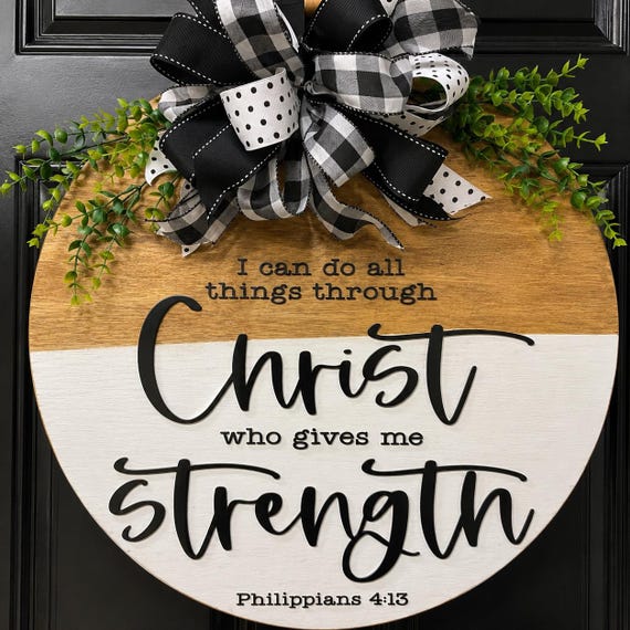 Christian Door Hanger Philippians 4:13 Sign | Farmhouse Faith Round Wood Home Decor