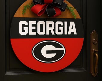 Georgia Bulldogs-Inspired 18” Round Door Hanger - Handmade Red & Black Front Door Decor - Game Day Welcome Sign