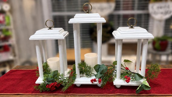 Handmade White Wooden Lantern Set | Farmhouse Table Candle Holders (Set of 3)