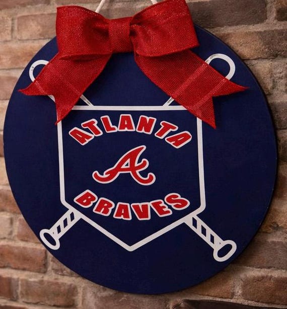 Atlanta Braves Baseball Door Hanger | 14" Round Wooden Sign, Navy Red Decor