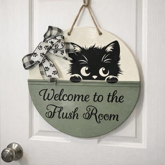 Flush Room Cat Sign | Funny Bathroom Wooden Door Hanger