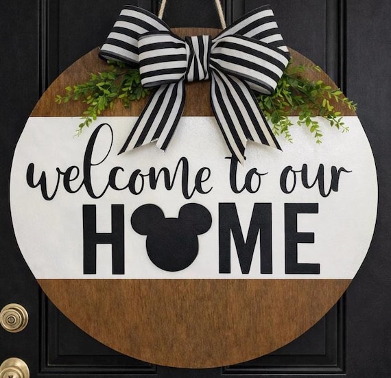Disney-Inspired “Welcome to Our Home Door Hanger | Mickey Mouse Home Sign | Finished Back | Front Door Decor | Housewarming Gift
