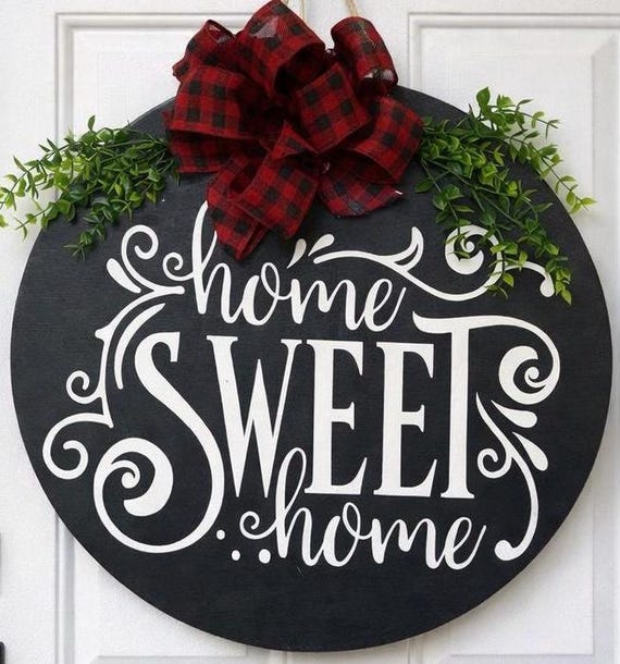 Farmhouse "Home Sweet Home" Door Hanger | Year Round Wreath, Buffalo Plaid Bow