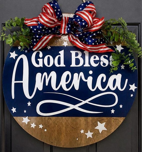 God Bless America Door Hanger | Rustic Americana Wood Sign, 4th July Porch Decor