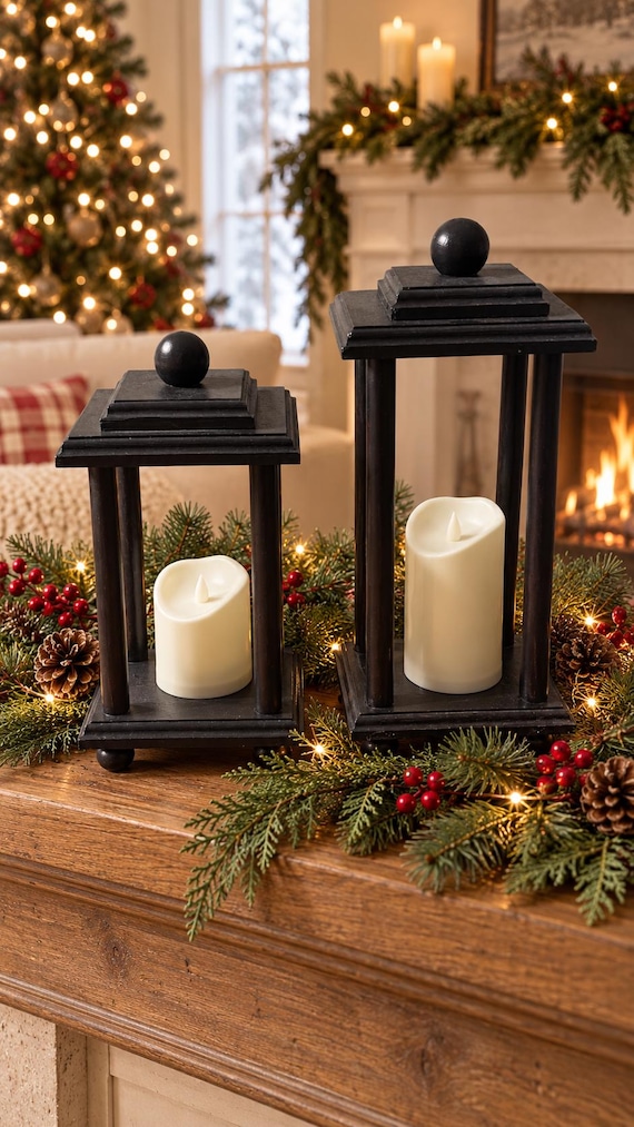 Handmade Black Wooden Lantern Set | Farmhouse Candle Holders, Christmas Décor