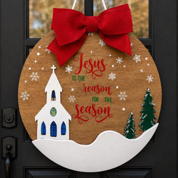 Wooden Christmas Door Hanger | Jesus Reason Season Sign | Christian Holiday Decor