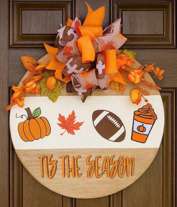Pumpkin Spice Latte Fall Door Hanger: Football Farmhouse Porch Decor