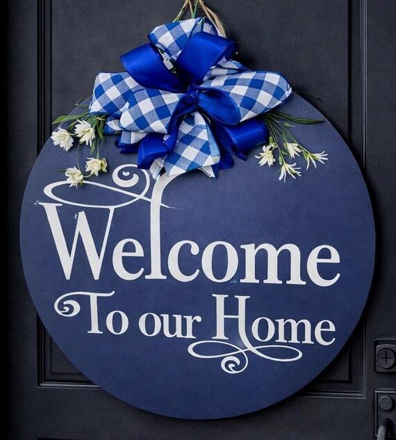 Navy Blue Farmhouse Welcome Door Hanger, Coastal Wood Sign, Round Home Decor