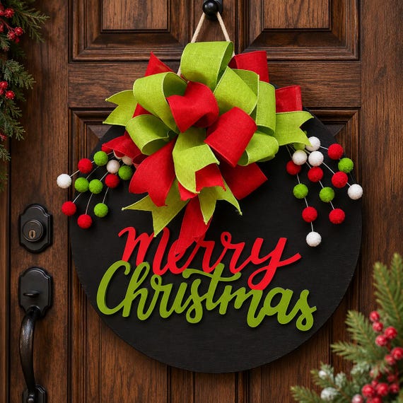 Christmas Door Hanger – Handmade “Merry Christmas”  Round Wooden Sign