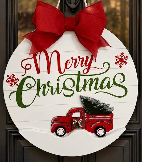 Merry Christmas Red Truck Door Hanger | Farmhouse Rustic Holiday Sign