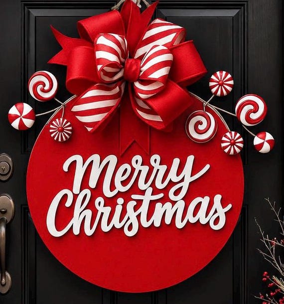 Merry Christmas Peppermint Door Hanger, Red Candy Cane Farmhouse Decor