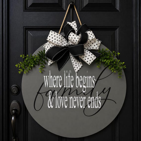 Farmhouse Round Wood Sign | "Where Life Begins & Love Never Ends" Door Hanger
