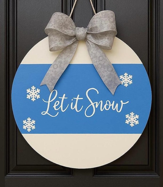 Winter Door Hanger – “Let It Snow” Blue & White Snowflake Front Door Decor