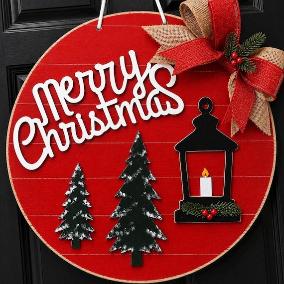 Merry Christmas Door Hanger | Farmhouse Wood Sign, Holiday Lantern and Christmas Trees