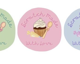 May include: Three round stickers with a cupcake, spoon, and piping bag design. Each sticker has the words "Scratch Made With Love" in a handwritten font. The stickers are in pastel green, pink, and blue.