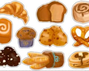 May include: A collection of various baked goods, including a croissant, bread loaf, cinnamon roll, danish, muffin, rolls, pretzel, chocolate pastry, baguettes, and a pancake. The items are in shades of brown and yellow.